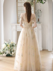 Champagne Tulle Lace Long Prom Dress A-Line Lace Formal Dress