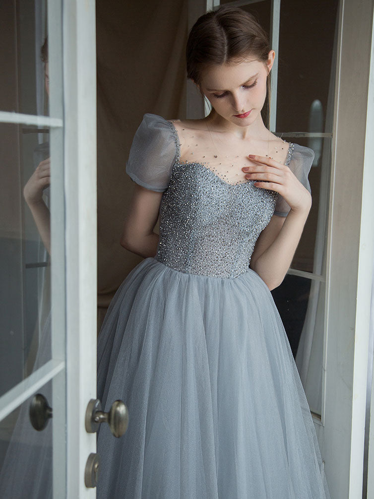 Gray Tulle Beaded Long Prom Dress Tulle Long Sweet 16 Dress