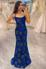 Glitter Royal Blue Long Prom Dress With Slit