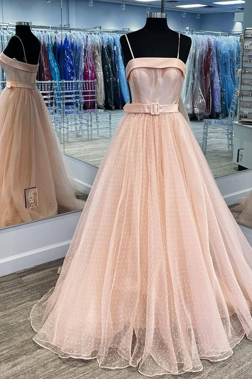 Blush A Line Tulle Long Prom Dress With Sash