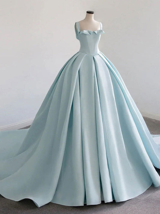 Blue Satin Sweep Train Long Prom Dress Blue Satin Evening Dress