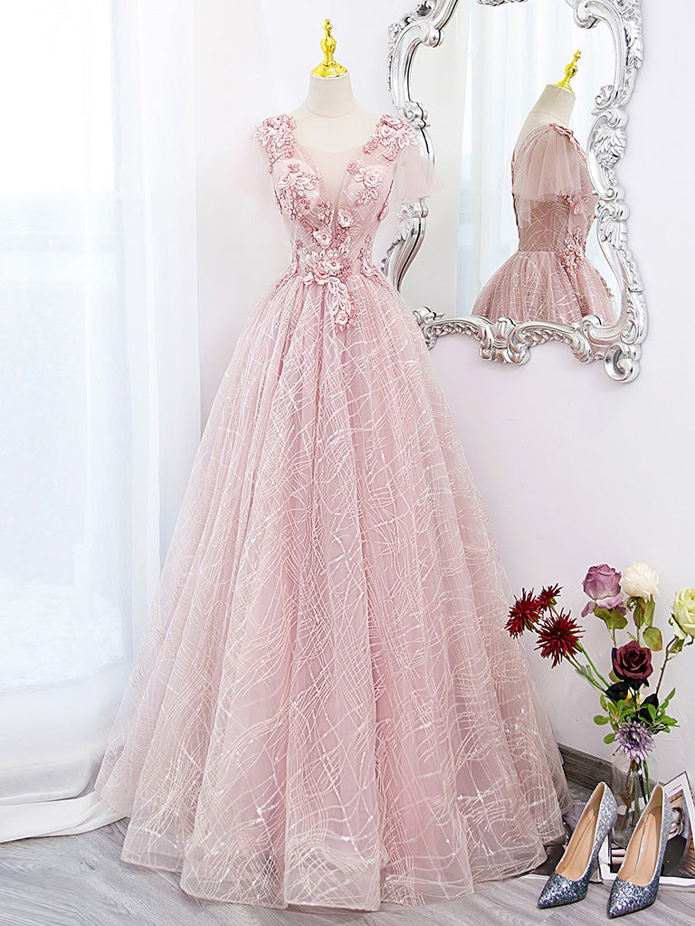 A-Line Tulle Lace Appliqu¨¦ Pink Long Prom Dress Pink Lace Sweet 16 Dress