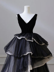 Black V-Neck Tulle Velvet Long Prom Dress Black Long Formal Dress