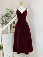 A-Line V-Neck Velvet Burgundy Tea-Length Prom Dress Velvet Formal Dress