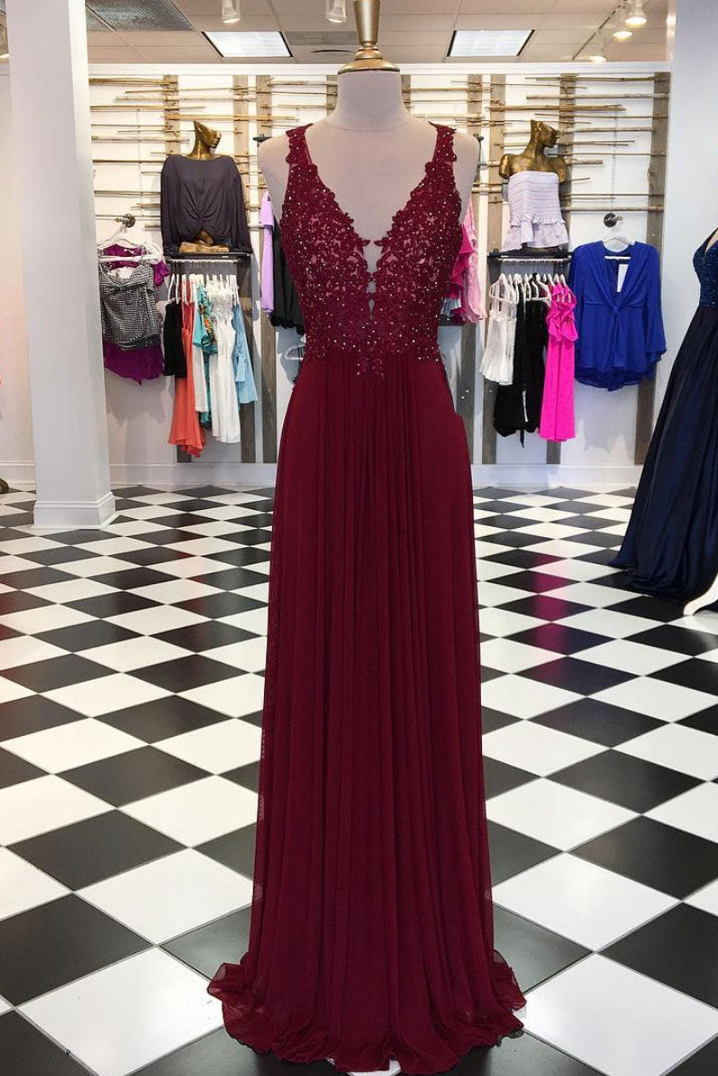 Burgundy V-Neck Chiffon Lace Long Prom Dress Burgundy Evening Dress