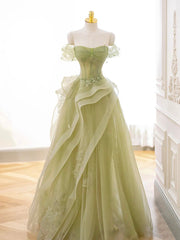 A-Line Off-Shoulder Tulle Lace Green Long Prom Dress Green Long Graduation Dress