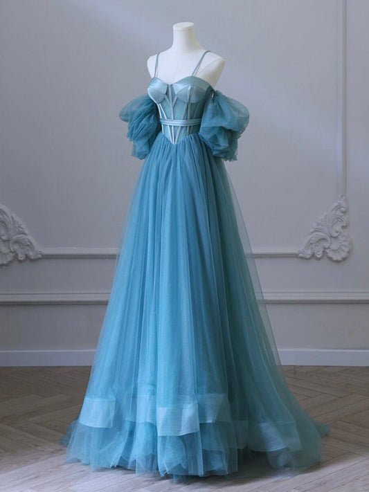 A-Line Sweetheart Neck Tulle Blue Long Prom Dress Blue Long Formal Dress