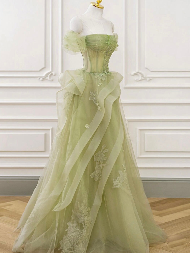 A-Line Off-Shoulder Tulle Lace Green Long Prom Dress Green Long Graduation Dress