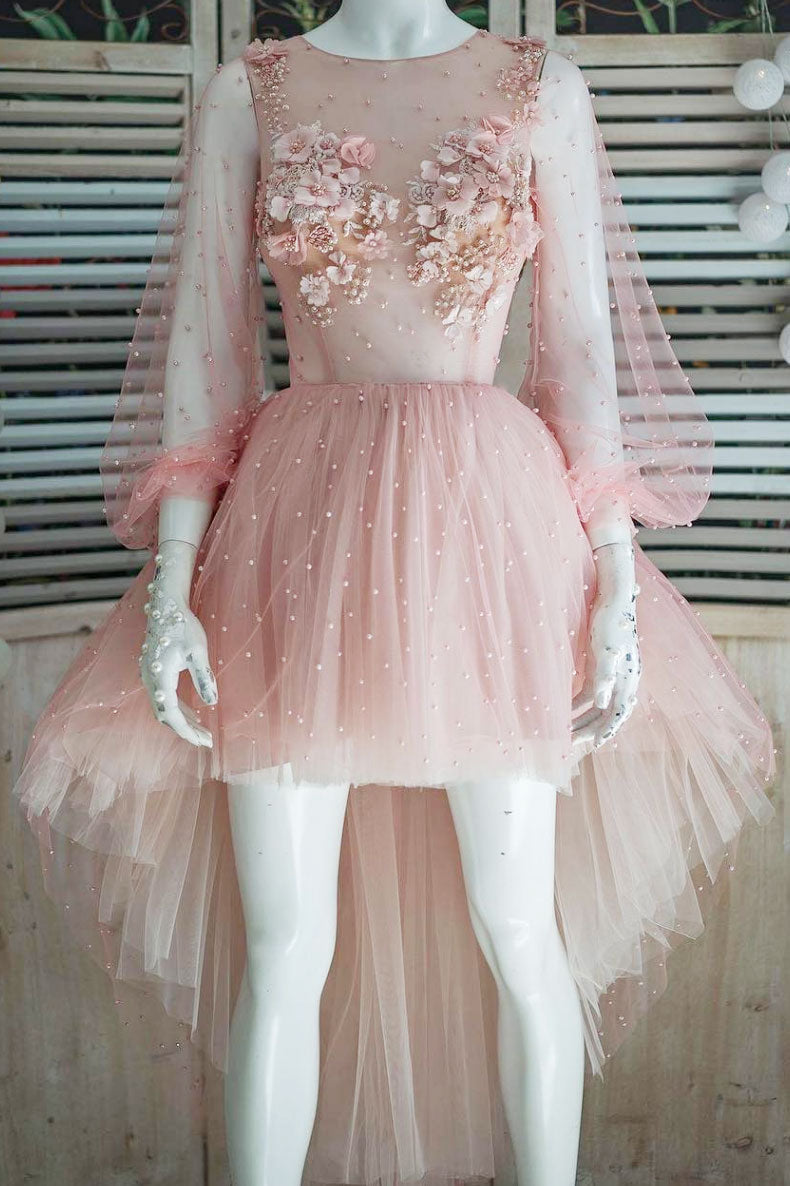 Pink Tulle Lace High-Low Prom Dress Homecoming Dress