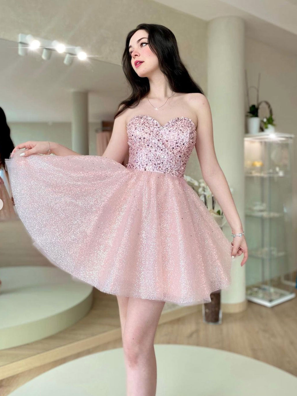 Pink Sweetheart Neck Tulle Sequin Short Prom Dress Pink Homecoming Dress