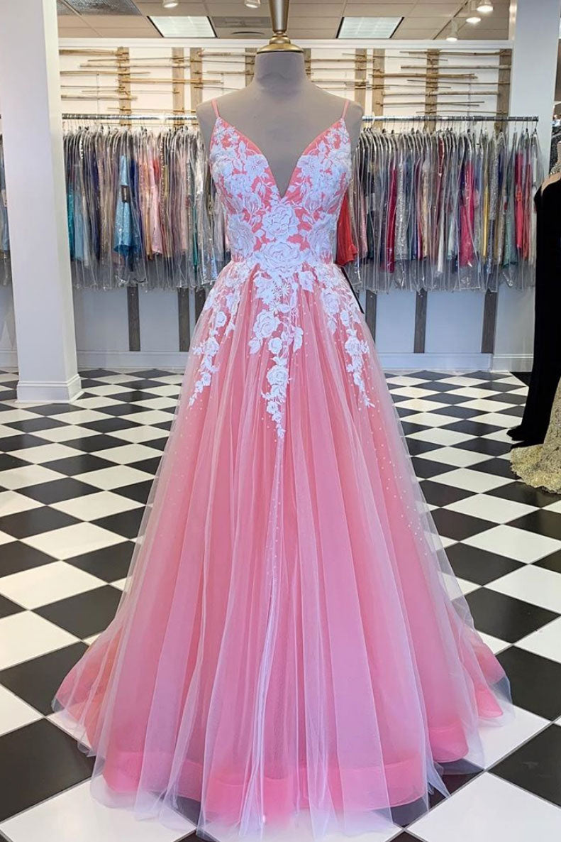 Pink V-Neck Tulle Lace Long Prom Dress Pink Tulle Lace Evening Dress