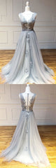 Gray V-Neck Tulle Lace Long Prom Dress Gray Lace Long Evening Dress