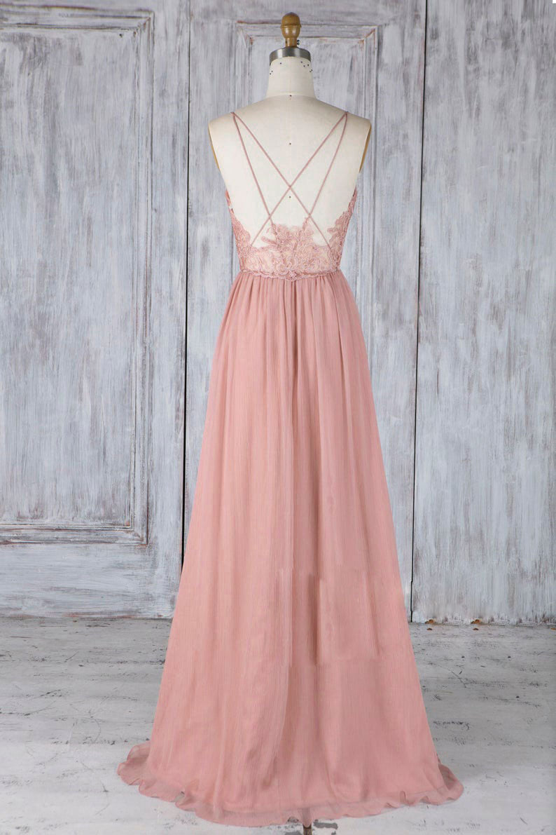 Pink Chiffon Lace Long Prom Dress Pink Lace Bridesmaid Dress