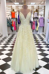 Yellow Tulle Lace Long Prom Dress Yellow Evening Dress