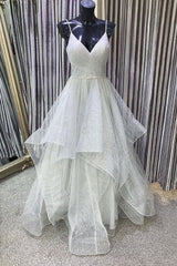 Gray V-Neck Tulle Sequin Long Prom Dress Gray Evening Dress