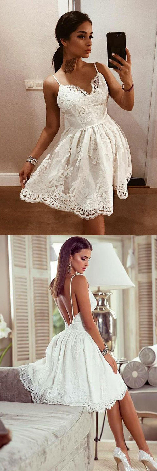 White V-Neck Tulle Lace Short Prom Dress Lace Homecoming Dress