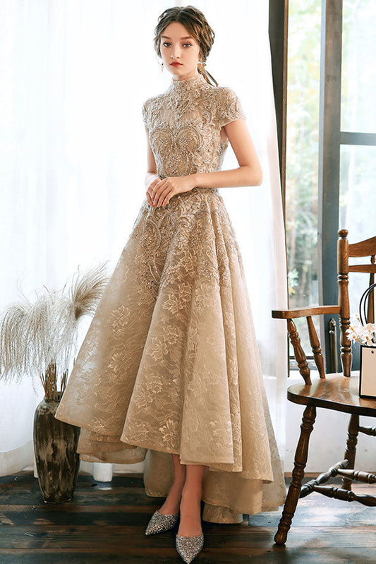 Light Champagne Lace Satin Prom Dress Champagne Evening Dress