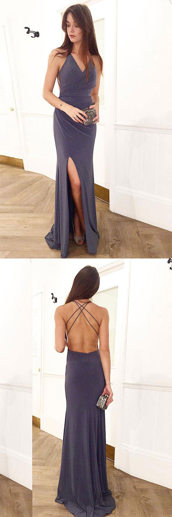 Simple V-Neck Backless Long Prom Dress Evening Dress