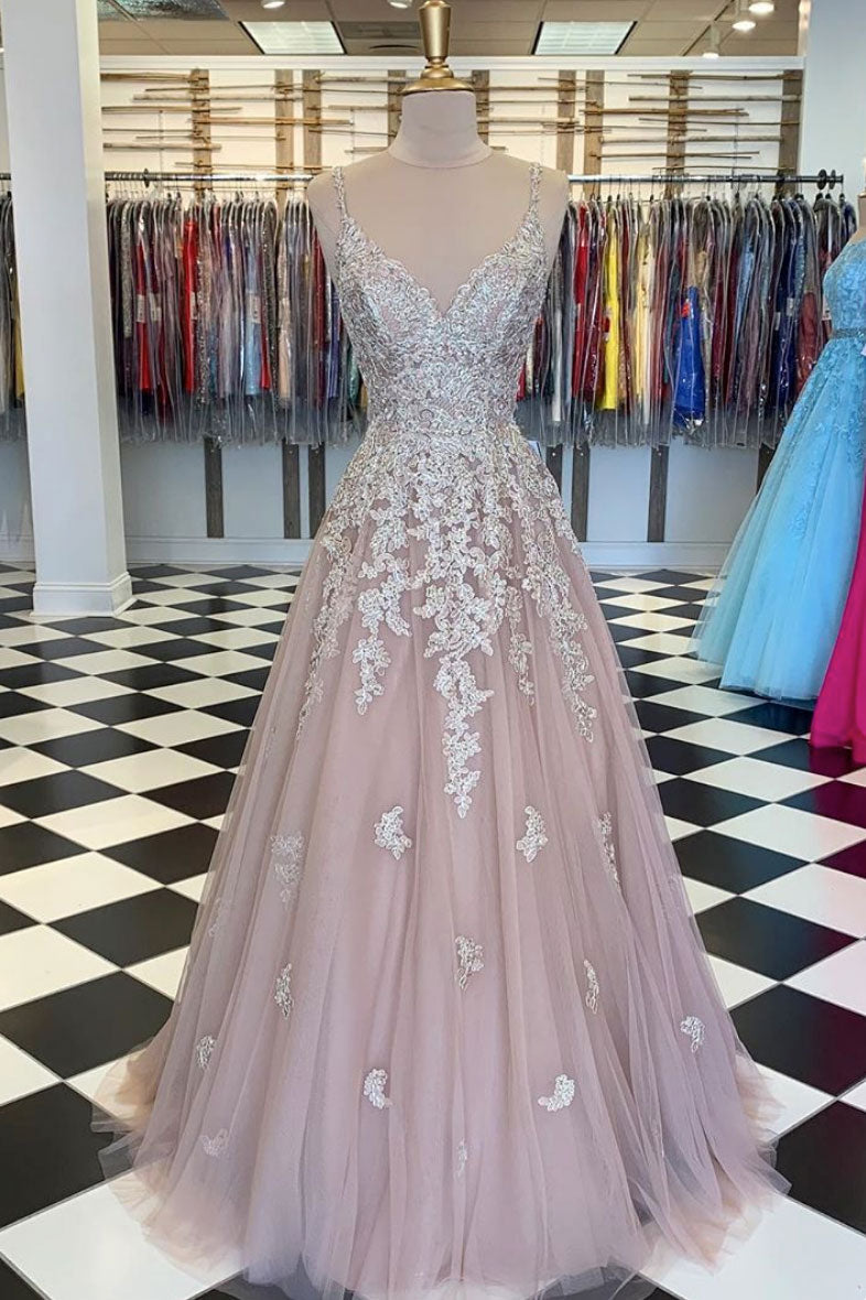 Unique Tulle Lace Long Prom Dress Lace Tulle Evening Dress