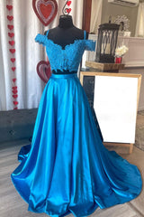 Blue Two-Piece Lace Satin Long Prom Dress Lace Formal Gown