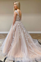 Champagne Tulle Lace Long Prom Dress Champagne Evening Dress