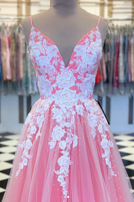 Pink V-Neck Tulle Lace Long Prom Dress Pink Tulle Lace Evening Dress