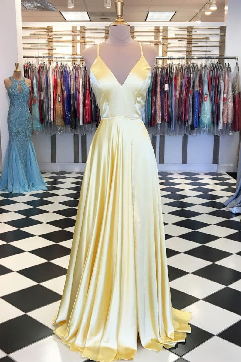 Simple Yellow Satin Long Prom Dress Yellow Evening Dress