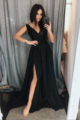 Simple Black V-Neck Satin Long Prom Dress Black Evening Dress