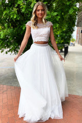 White Round Neck Tulle Lace Two-Piece Long Prom Dress White Formal Dress