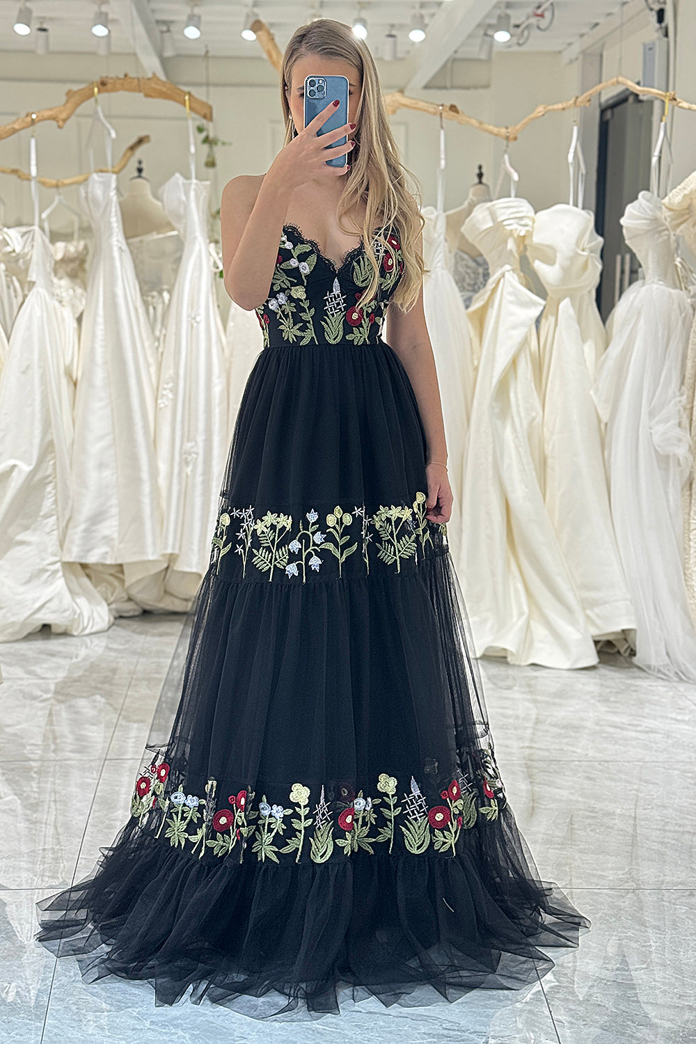 Black A Line Backless Long Prom Dress With Appliques