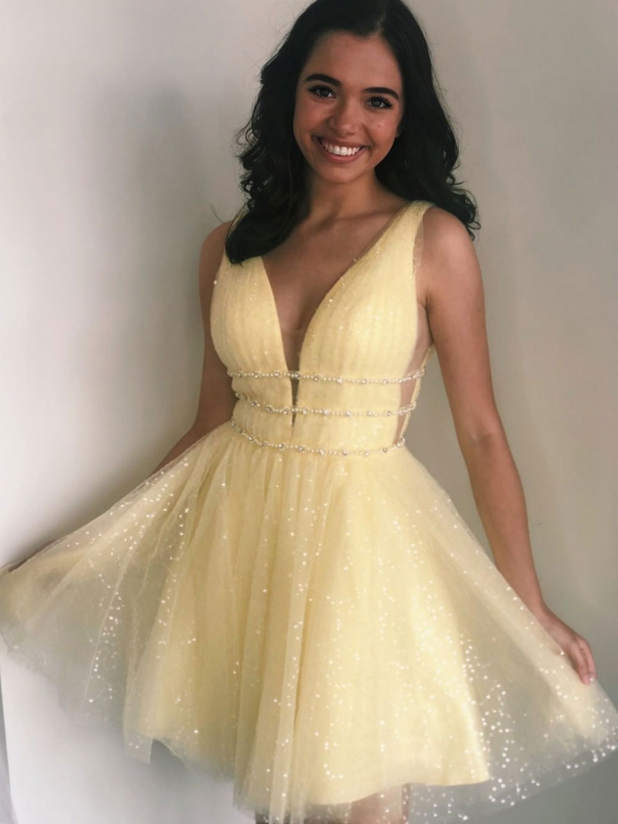 Yellow V-Neck Tulle Beaded Short Prom Dress Yellow Homecoming Dress