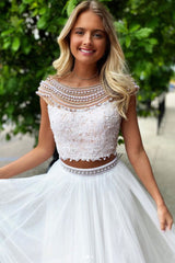 White Round Neck Tulle Lace Two-Piece Long Prom Dress White Formal Dress