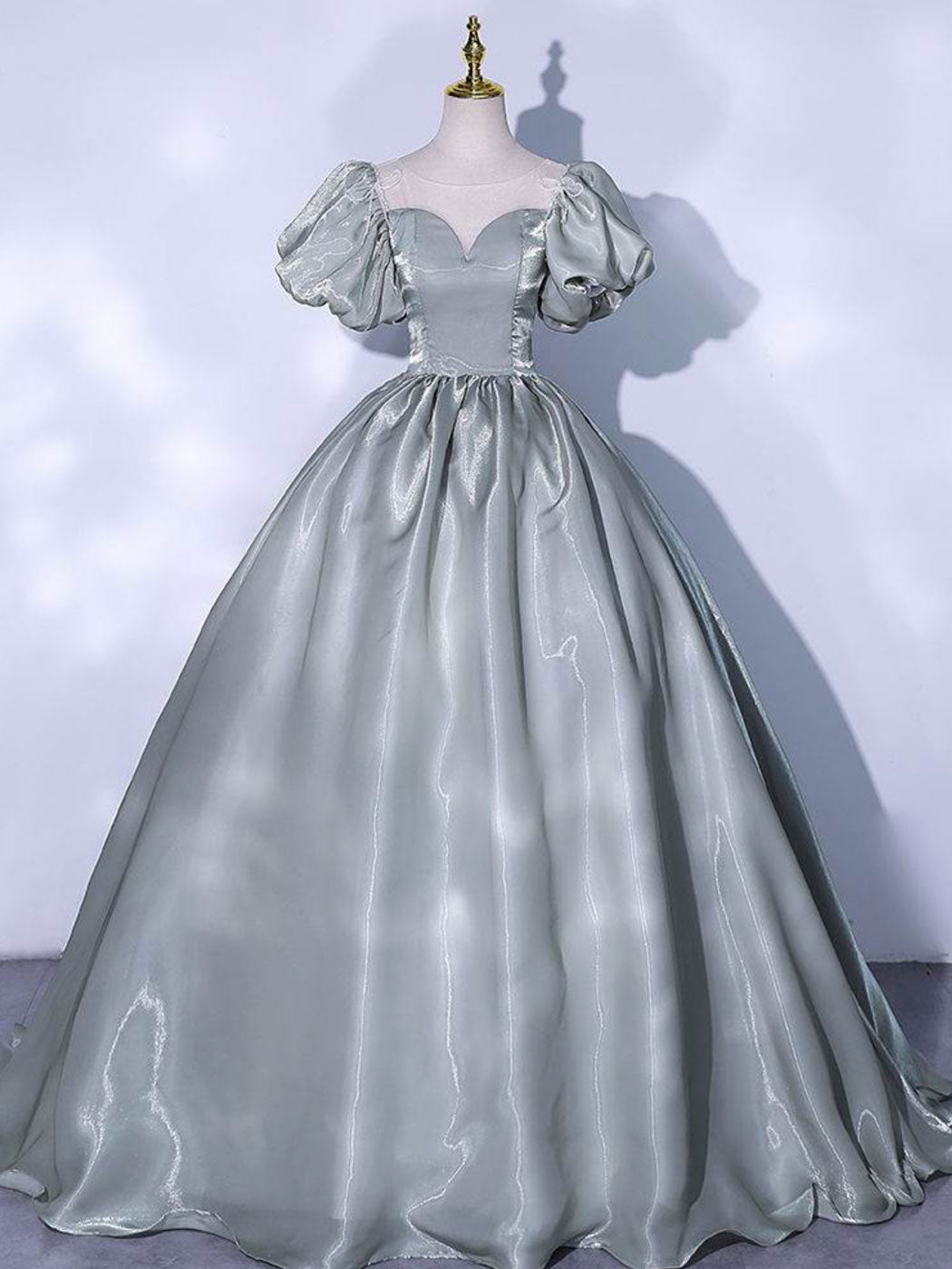 Gray Round Neck Satin Long Prom Dress Gray Sweet 16 Dress