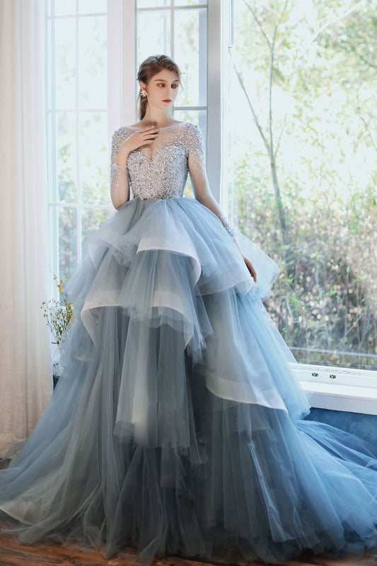 Blue Round Neck Tulle Sequin Long Prom Gown Blue Formal Gown