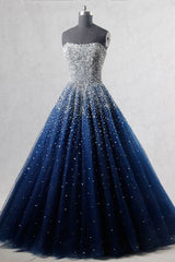 Blue Sweetheart Sequin Tulle Long Prom Dress Blue Evening Dress