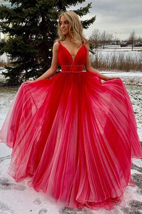 Red V-Neck Tulle Long Prom Dress Red Tulle Evening Dress