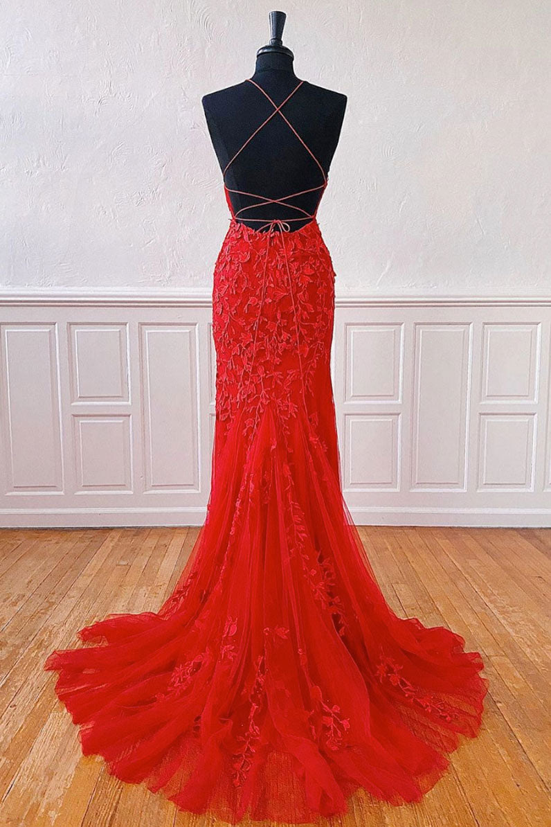 Red Lace Mermaid Long Prom Dress Lace Mermaid Evening Gown