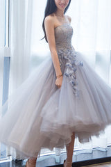 Gray Sweetheart Tulle Lace Short Prom Gown Gray Lace Cocktail Dress