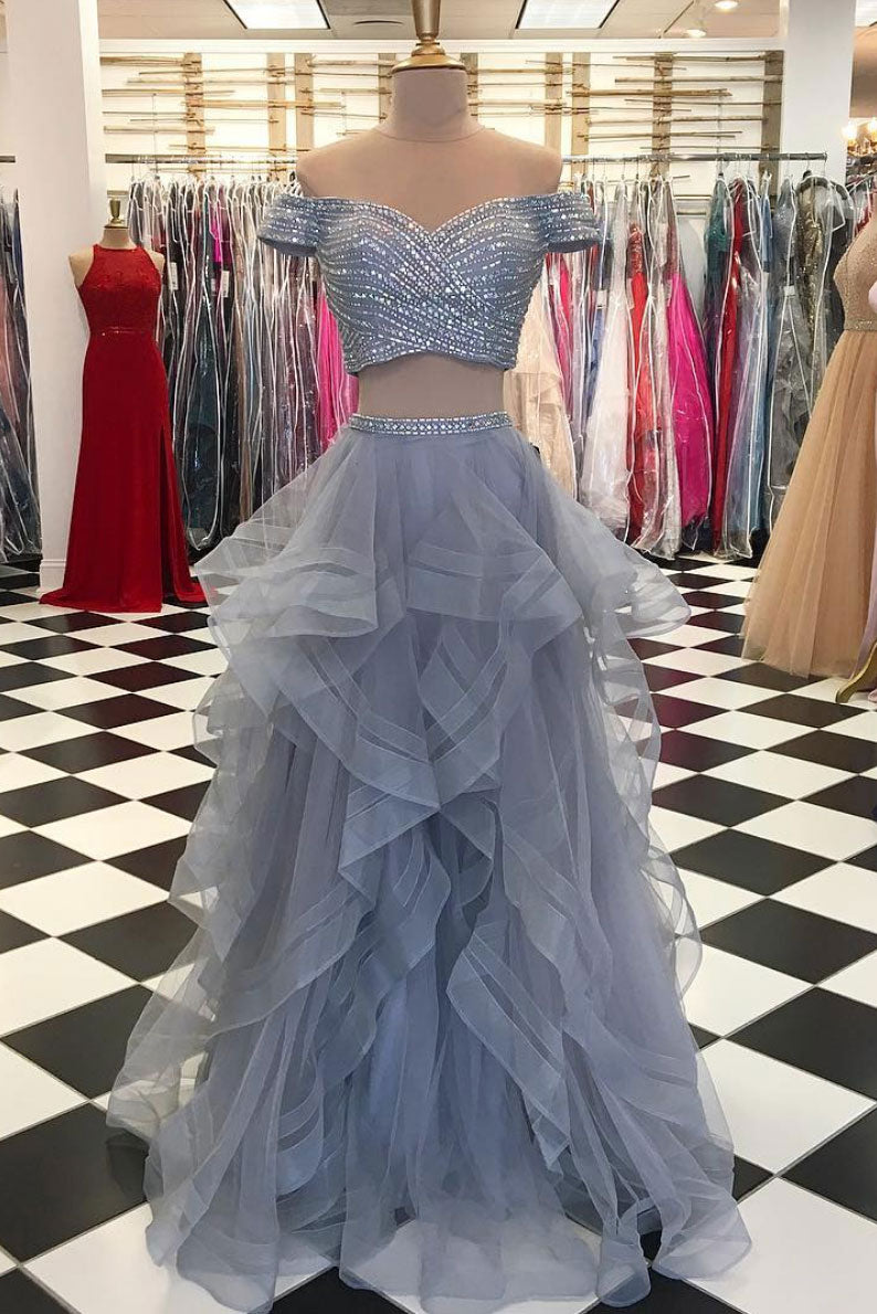 Gray Two-Piece Tulle Sequin Long Prom Dress Gray Evening Dress