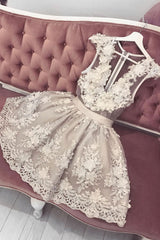 Cute V-Neck Tulle Lace Short Prom Dress Lace Homecoming Dress