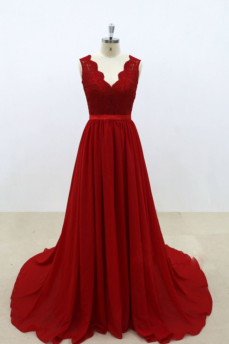 Burgundy V-Neck Lace Chiffon Long Prom Dress Burgundy Bridesmaid Dress