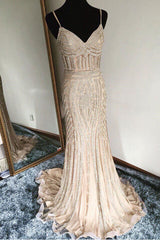 Unique Champagne Mermaid Long Prom Dress Evening Dress