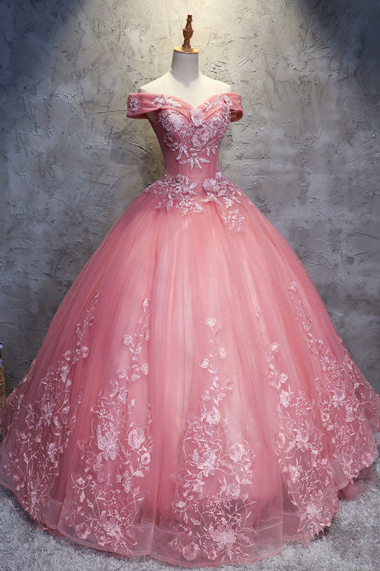 Pink Sweetheart Off-Shoulder Lace Tulle Long Prom Gown Sweet 16 Dress