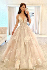 Champagne V-Neck Tulle Lace Long Prom Dress Lace Formal Dress