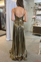 MadalynDressystars  Metallic Keyhole Spaghetti Strap Long Elegant Prom Dress with Split Design