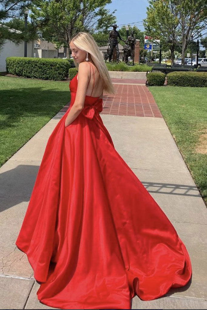 Red V-Neck Satin Long Prom Dress Red Satin Evening Dress