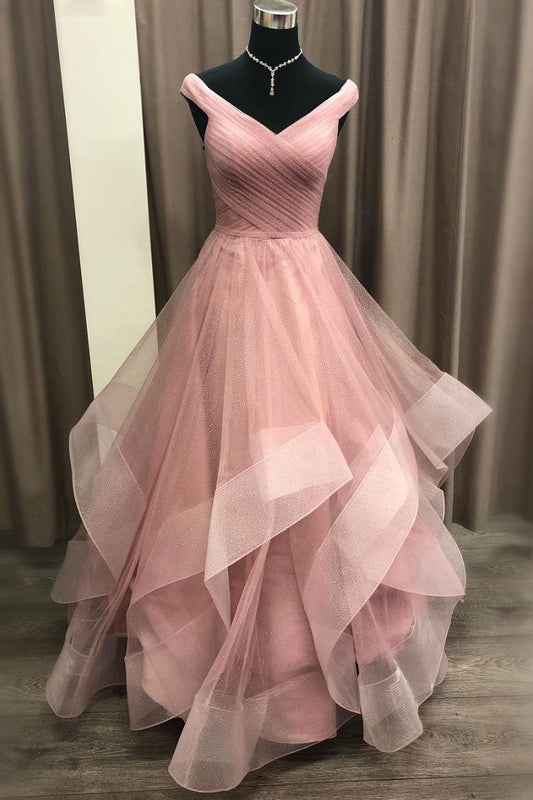 Pink Off-Shoulder Tulle Long Prom Dress Pink Tulle Evening Dress