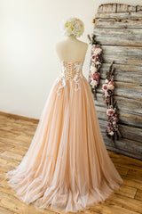 Champagne Tulle Sweetheart Lace Long Prom Dress Tulle Formal Dress