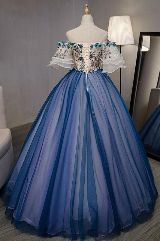 Blue Tulle Lace Applique Long Prom Dress Blue Evening Gown