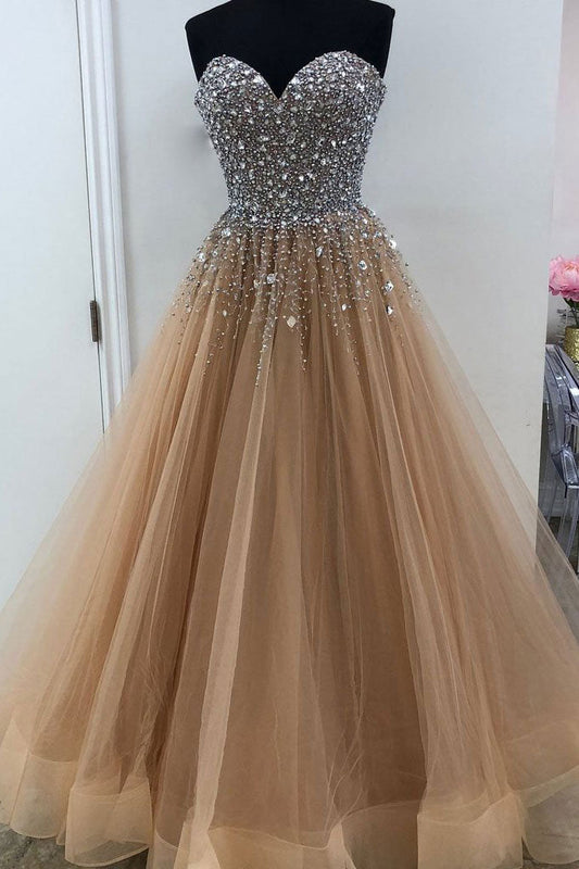 Champagne Sweetheart Tulle Sequin Long Prom Dress Champagne Evening Dress